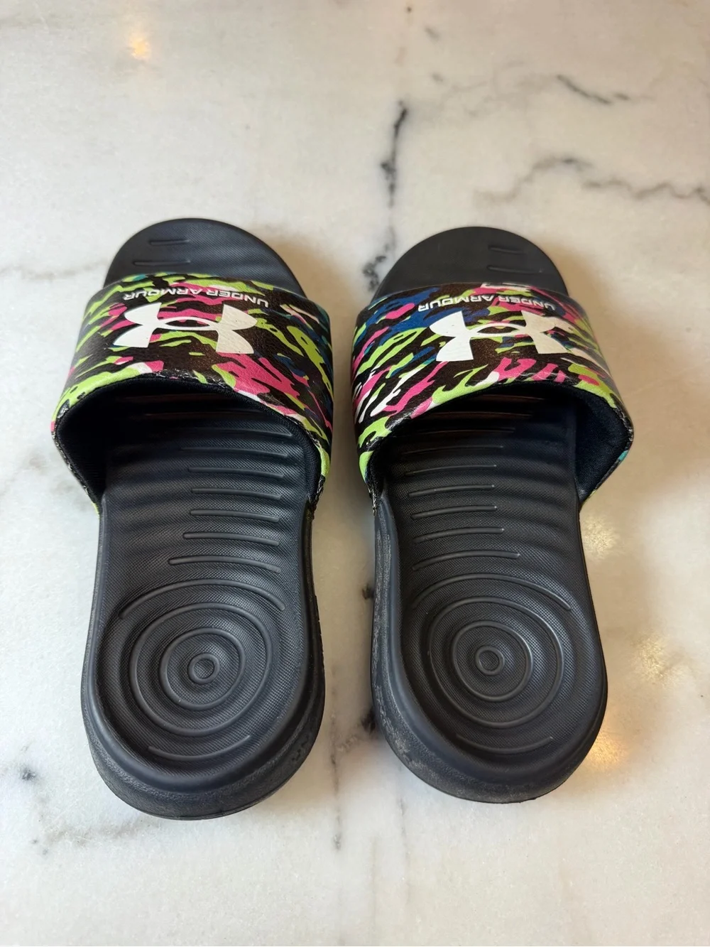Under Armour Black Slides with Neon Pink, Green & Blue Camo Strap